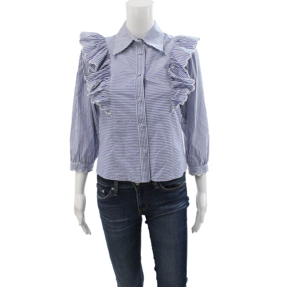 Hunter Bell Womens Cropped Striped Button-Up Collared 3/4 Sleeve Blue Size XS